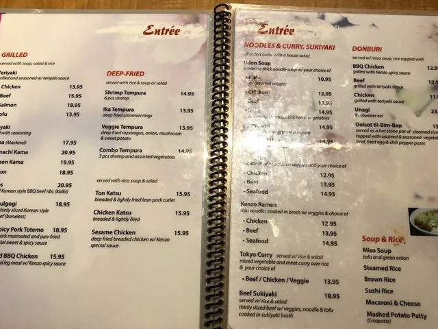 Kenzo Sushi entree menu