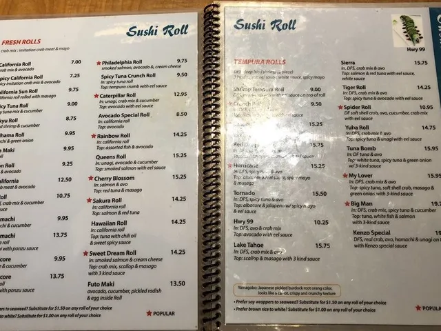 Kenzo Sushi tempura rolls menu