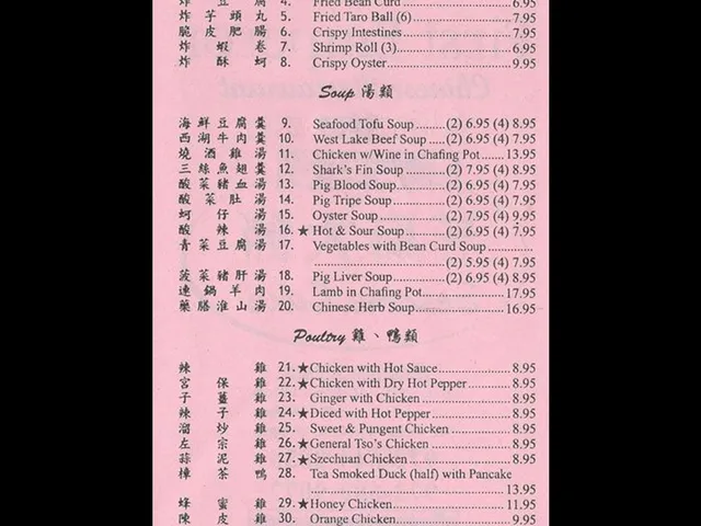 Scanned First Emperor Chinese Restaurant menu page listing dim sum snacks, soups and poultry dishes with prices