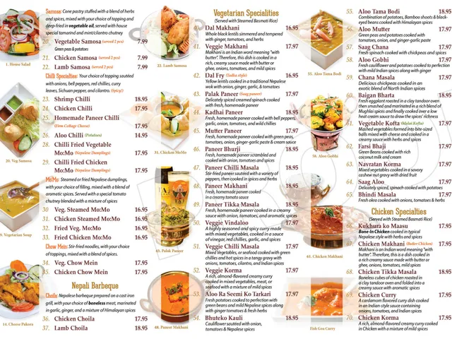 Chicago Curry House carryout menu page listing sections from salads and soups through chicken specialties