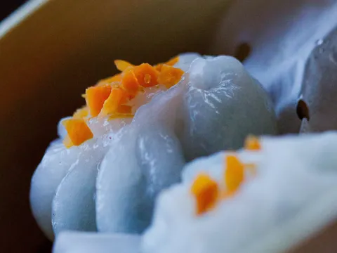 Close-up of a steamed crystal-skin dumpling topped with diced carrot at Empire Chinese Kitchen in Portland, Maine