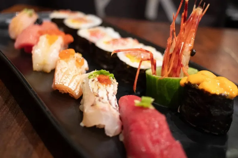 A row of nigiri and sushi from Akemi Sushi in Castro Valley.