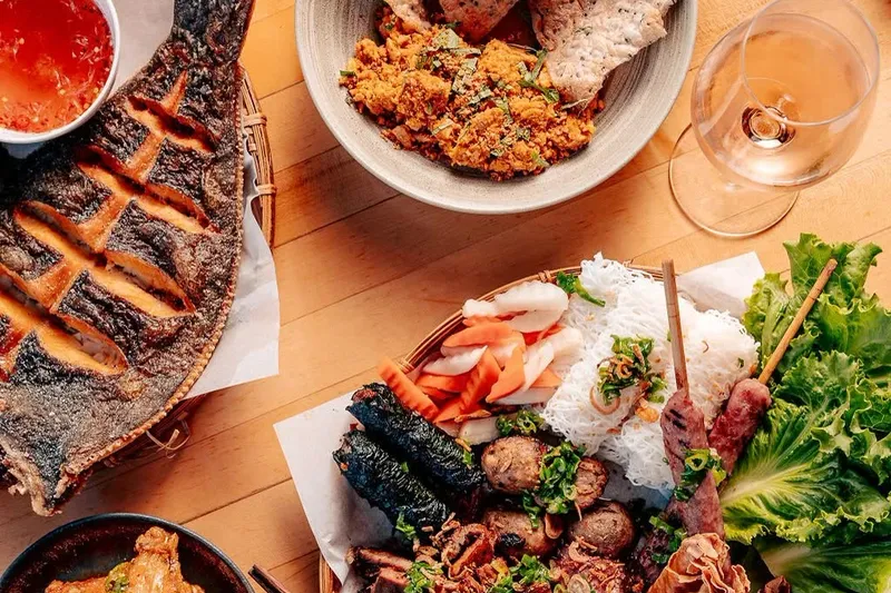 Vietnamese grilled fish, meats, noodles, greens, rolls and sauces at HaiSous