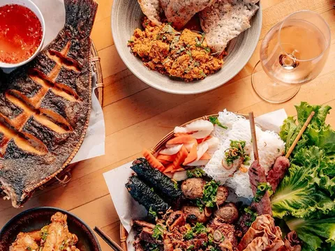 Vietnamese grilled fish, meats, noodles, greens, rolls and sauces at HaiSous