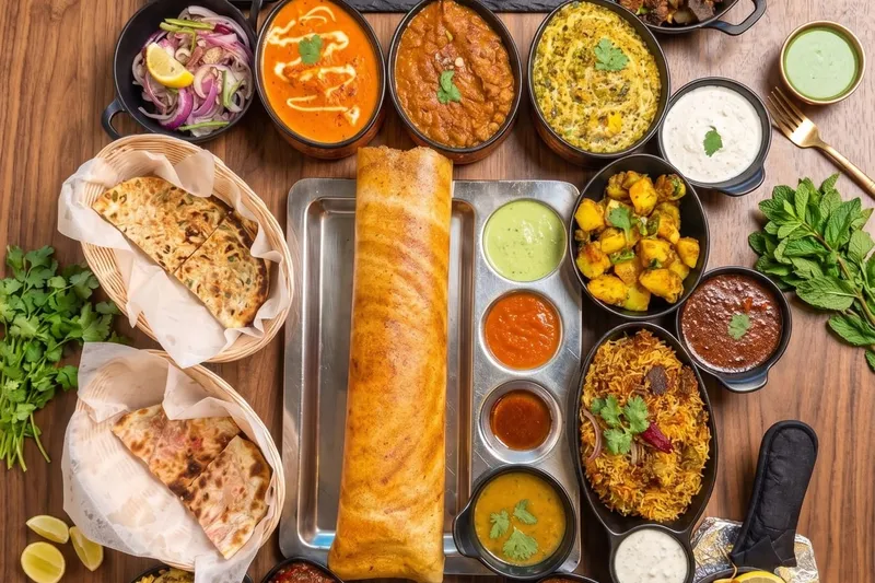 Overhead spread of a dosa, curries, kebabs and chutneys at Mint Indian Bistro