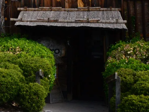 Rustic thatched-roof entry gate flanked by manicured bushes at Domo Japanese Country Foods Restaurant in Denver